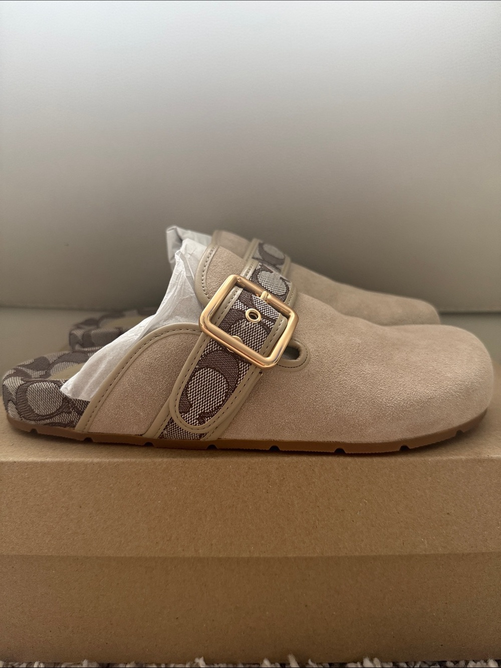 Women's Archival Suede and Signature Jacquard Buckle Hardware Clogs - Color: Oat